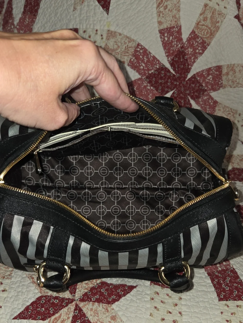 henri bendel Black and Grey Striped Dome Satchel with Gold Hardware